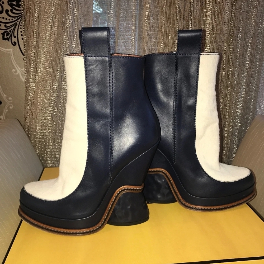 Fendi Dark Navy and White Fendi Heeled Boots